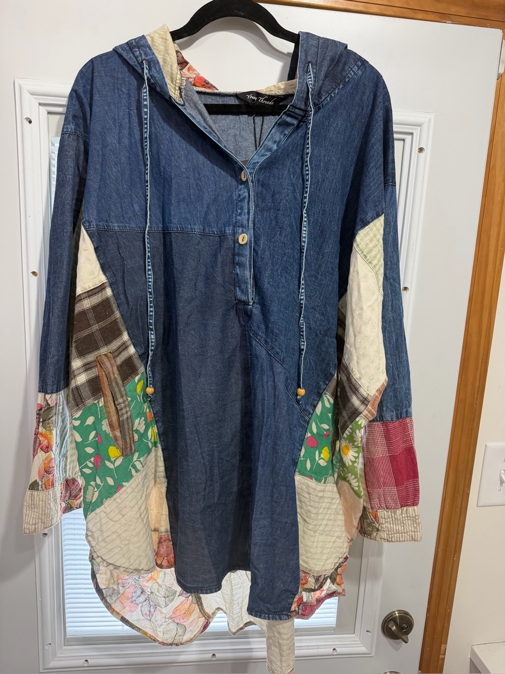 Young threads Patchwork Denim Hooded Tunic with Floral Accents